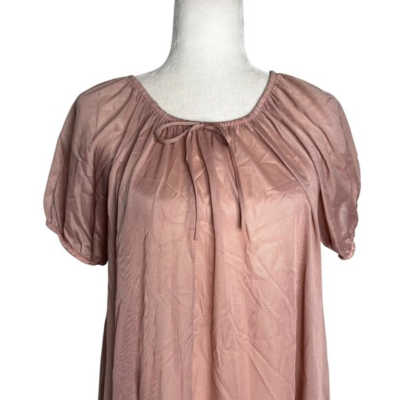 Vintage 70s Nylon Nightgown Dress Small Mocha Sheer Midi Elastic Neckline Sleeve - Picture 2 of 6